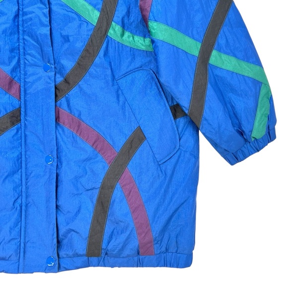 Vintage Haband 1980s Blue Geometric Zip Up Padded Nylon Winter Puffer Jacket - Picture 4 of 6